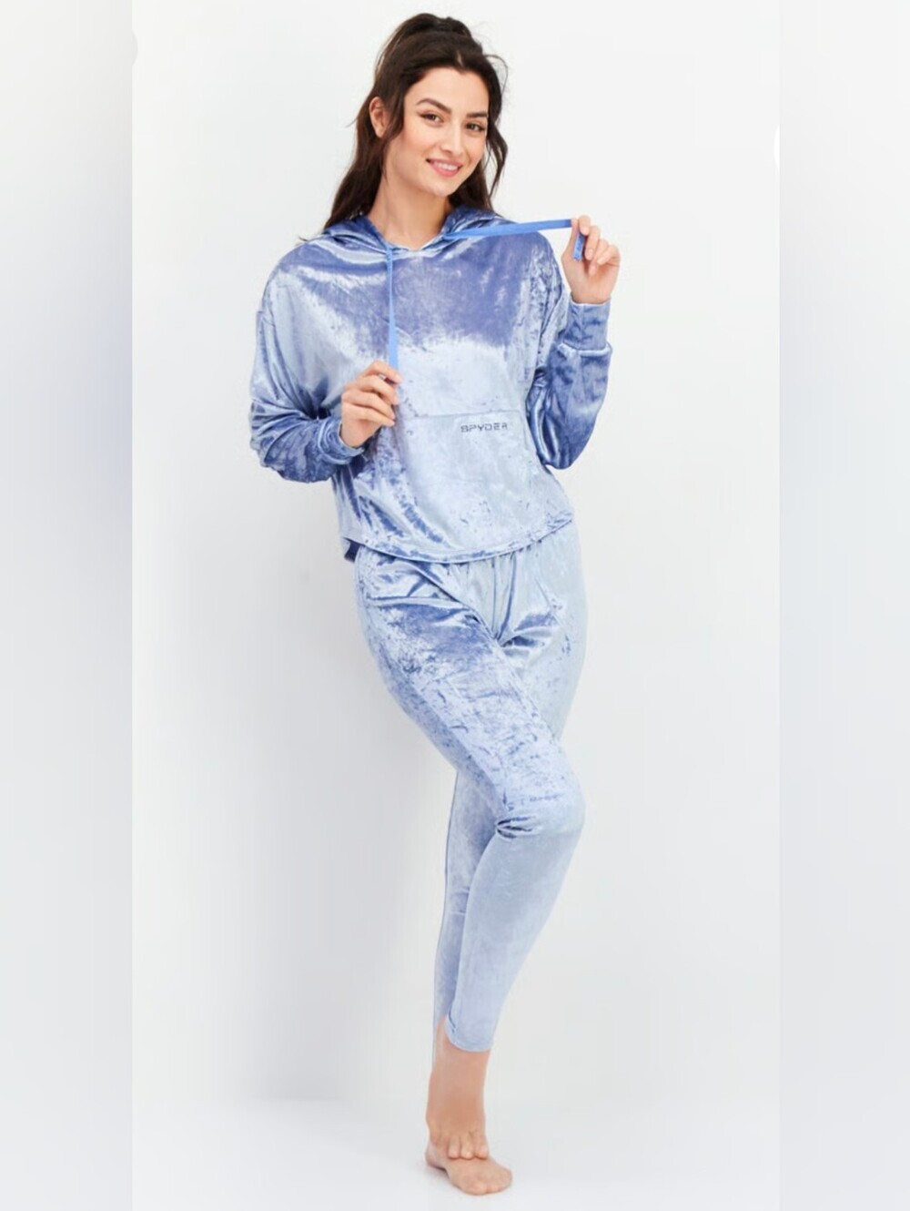 SpyderWomen 2Pcs Velour Hooded Pajama Set, Light Blue